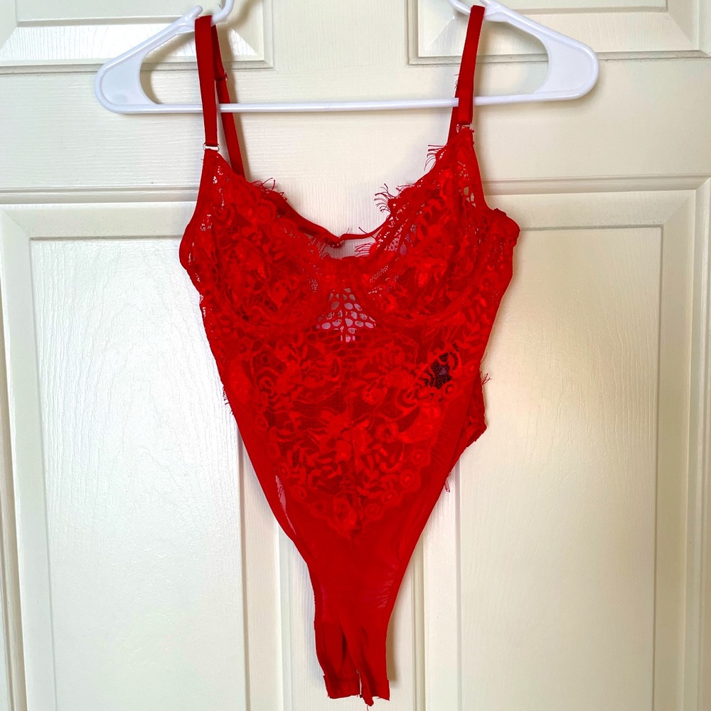 Club London red lace thong bodysuit, size 2